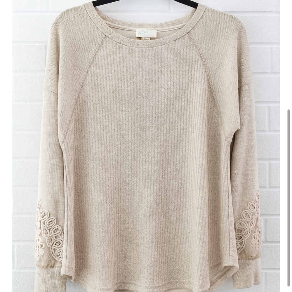 Beige Long Sleeve Top with Lace Accents